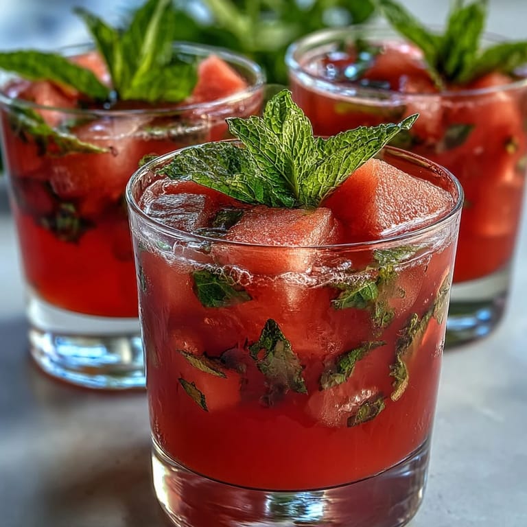 Homemade watermelon mint lemonade served over ice, combining sweet watermelon, zesty lemon, and cool mint for a refreshing drink.