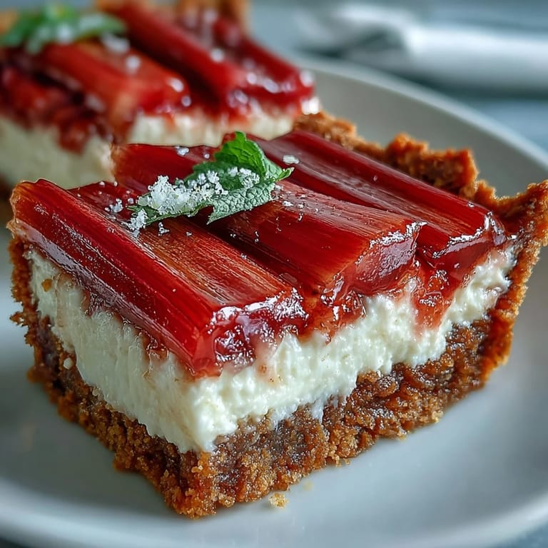 Close-up of a Rhubarb, White Chocolate, and Elderflower Tart highlighting the golden crust and colorful roasted rhubarb topping.