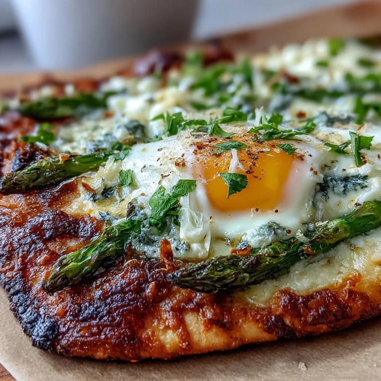 Asparagus and egg flatbread features tender greens, runny yolk, and parmesan on a golden crust.