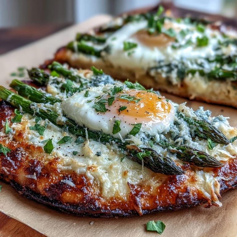 Savory asparagus and egg flatbread with zesty lemon, black pepper, and a sprinkle of parmesan.