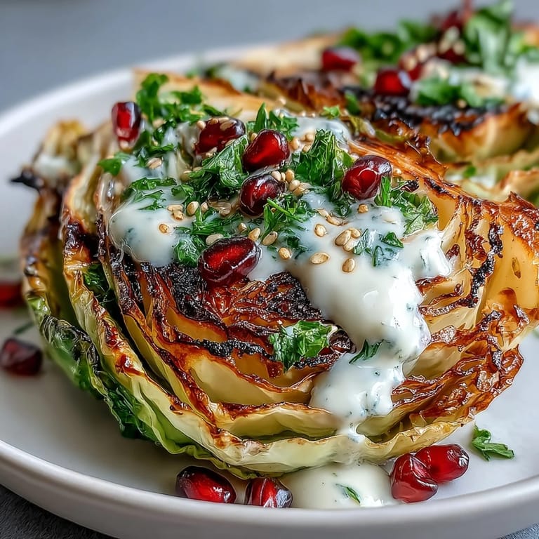 Smoky grilled cabbage wedges served with creamy tahini sauce, fresh parsley, and juicy pomegranate seeds for a Middle Eastern-inspired, healthy appetizer.