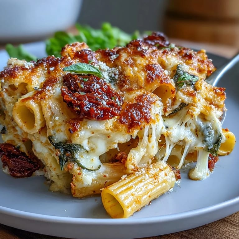 Sun-dried tomato pasta bake with creamy ricotta, fresh spinach, and Parmesan, served hot with torn basil leaves for garnish.