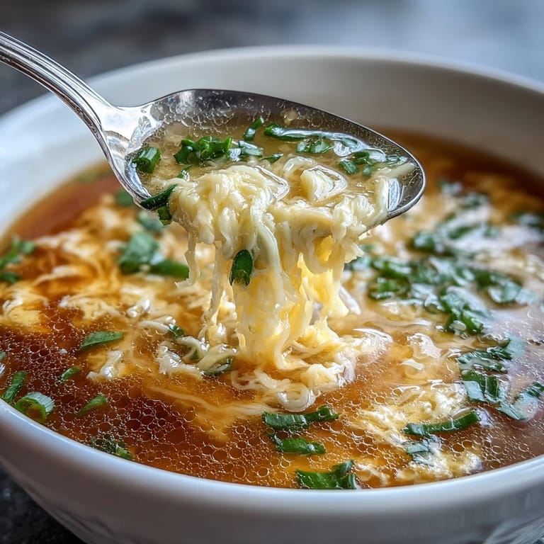 Warm, savory broth with silky egg ribbons and green scallions, showcasing a simple homemade egg drop soup.