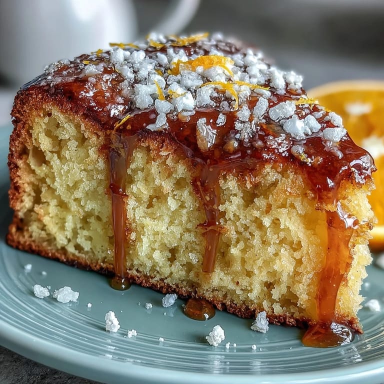 Moist whole orange cake dusted with powdered sugar, showcasing a rich, zesty aroma and soft, fluffy crumb.