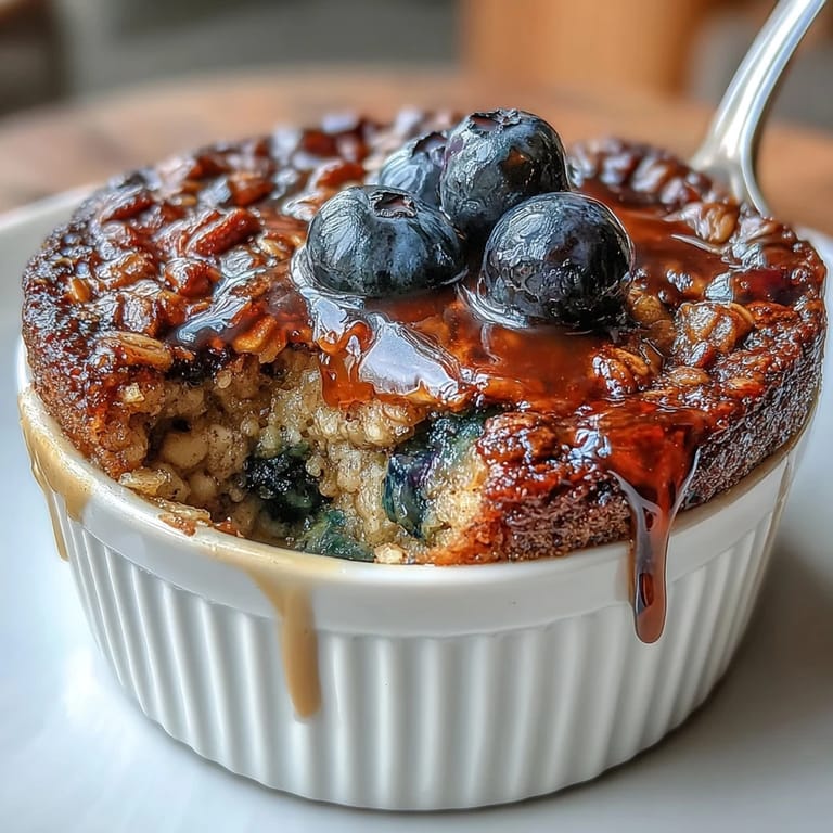 Single-serve blueberry baked oatmeal, naturally sweetened with banana and maple, topped with fresh blueberries and crunchy nuts for texture.