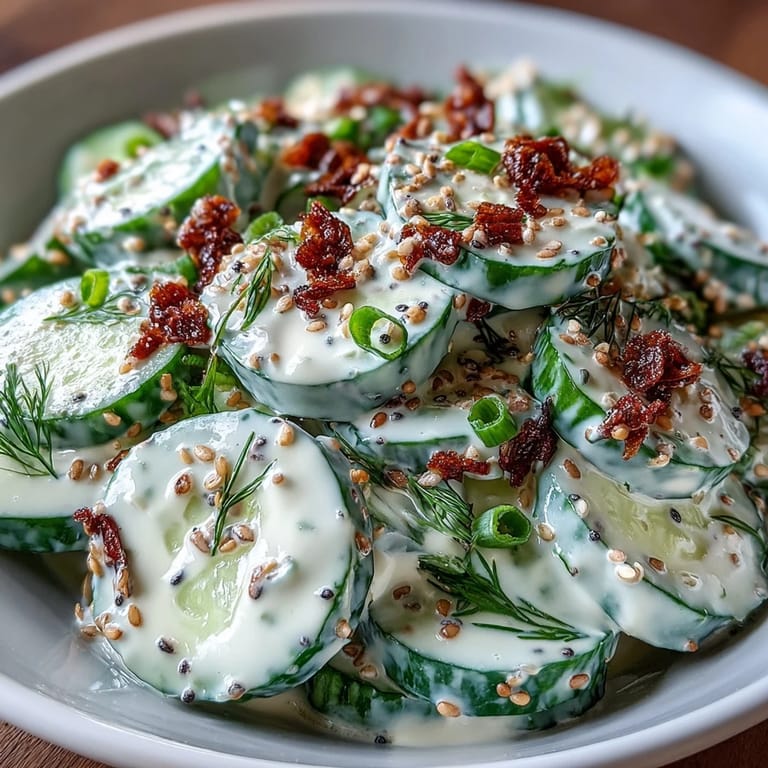 Giovane TikTok cucumber salad glistening with savory everything bagel seasoning and dill.