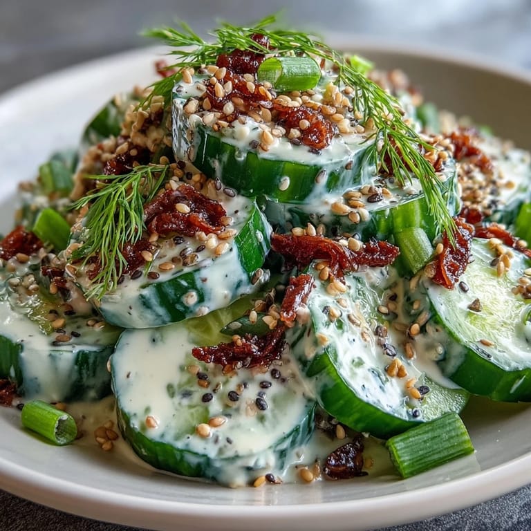 Refreshing TikTok cucumber salad ready to serve, generously sprinkled with crunchy everything bagel dressing.