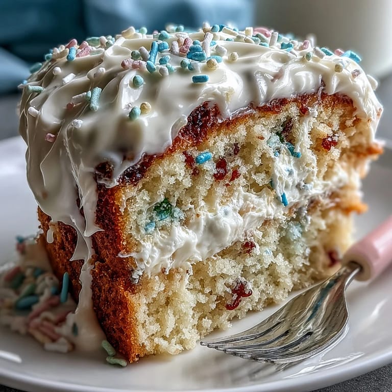 A delightful Spring Birthday Party Funfetti Dip Cake adorned with cheerful edible decorations.