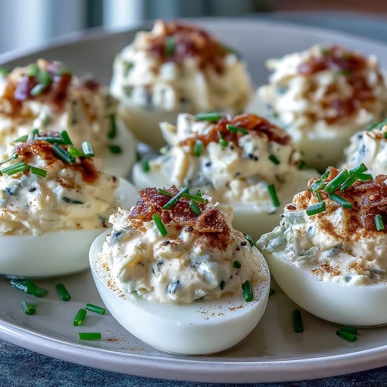 Visually appealing spread featuring Everything Bagel Deviled Eggs, garnished with fresh green herbs.