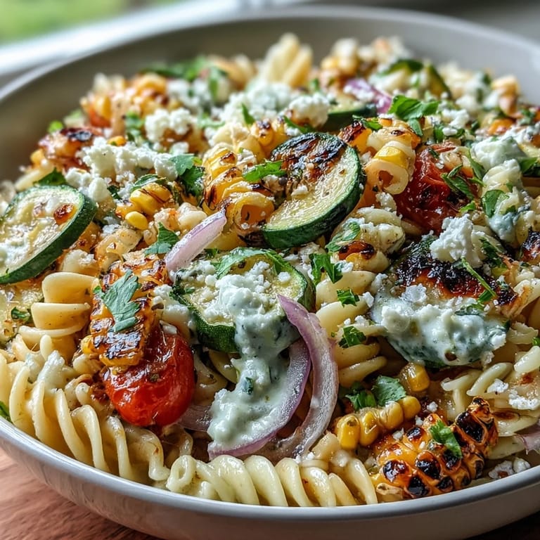 Fresh summer pasta salad loaded with corn, zucchini, and crumbled Cotija cheese.