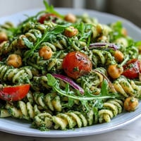 A vibrant vegan pasta salad with creamy pesto, chickpeas, and arugula—ideal for a light and healthy lunch or side dish.