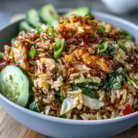 Vibrant crispy rice salad with crunchy vegetables and bold peanut-sesame dressing in a colorful bowl.  