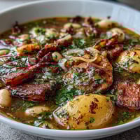A steaming bowl of bean soup with smoked ham and potatoes, garnished with fresh parsley.  