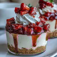 Creamy no-bake cheesecake cups with fresh strawberries and buttery graham cracker crust, perfect for a romantic Valentines Day dessert.  