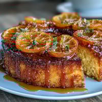 Candied orange olive oil cake with citrus glaze on a rustic wooden table, garnished with fresh orange slices.  