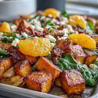 Sweet potato and orange sheet pan breakfast hash with roasted vegetables and citrus segments.