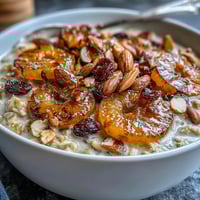 Warm bowl of candied orange oatmeal topped with dried cranberries and toasted almonds for a cozy breakfast.  
