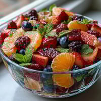 A colorful spring fruit salad with citrus, berries, and fresh mint, perfect for a light and refreshing dessert.  