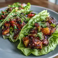Fresh teriyaki chicken and pineapple nestled in crisp lettuce leaves for a light, Asian-inspired meal.