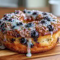 Bright lemon blueberry sourdough donuts baked to golden perfection, topped with tangy lemon glaze and fresh berries.  