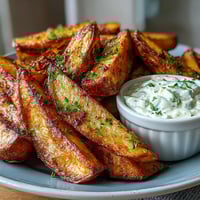 Crispy air fryer sweet potato fries served with a creamy garlic aioli dipping sauce.  
