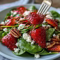 Fresh strawberry spinach salad with poppy seed dressing in a white bowl, topped with crumbled feta and toasted pecans.
