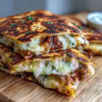 Golden mini quesadilla triangles filled with melted cheddar and mozzarella, served with fresh tomato salsa for dipping.