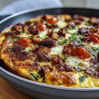 Golden ham and cheese frittata baked with spinach, tomatoes, and fluffy eggs, served in a skillet for a hearty breakfast.