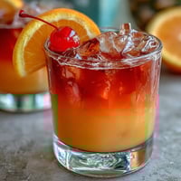 Vibrant ombre sunrise mocktail with grenadine, orange, and pineapple juices in tall glasses, garnished with orange slices and cherries.