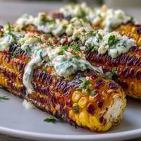 Grilled corn on the cob slathered in creamy, tangy elote sauce with crumbled cheese and chili, a vibrant Mexican street food classic.