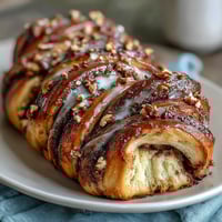 A golden babka loaf swirled with rich Nutella and toasted hazelnuts, perfect for a decadent breakfast or sweet snack.