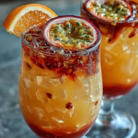 Bright Tropical Sunrise Mocktail with passionfruit and orange, layered beautifully.
